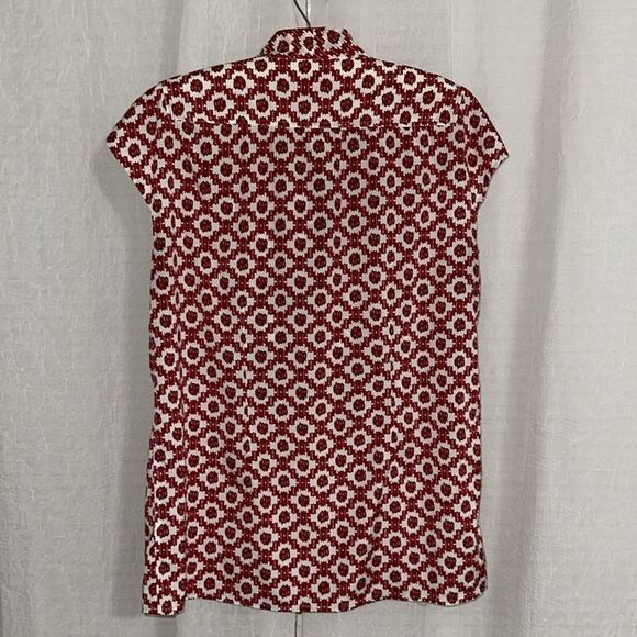 Tory Burch 10 Red White Pattern Cap Sleeve Neck Tie Silk Blouse - Picture 6 of 14